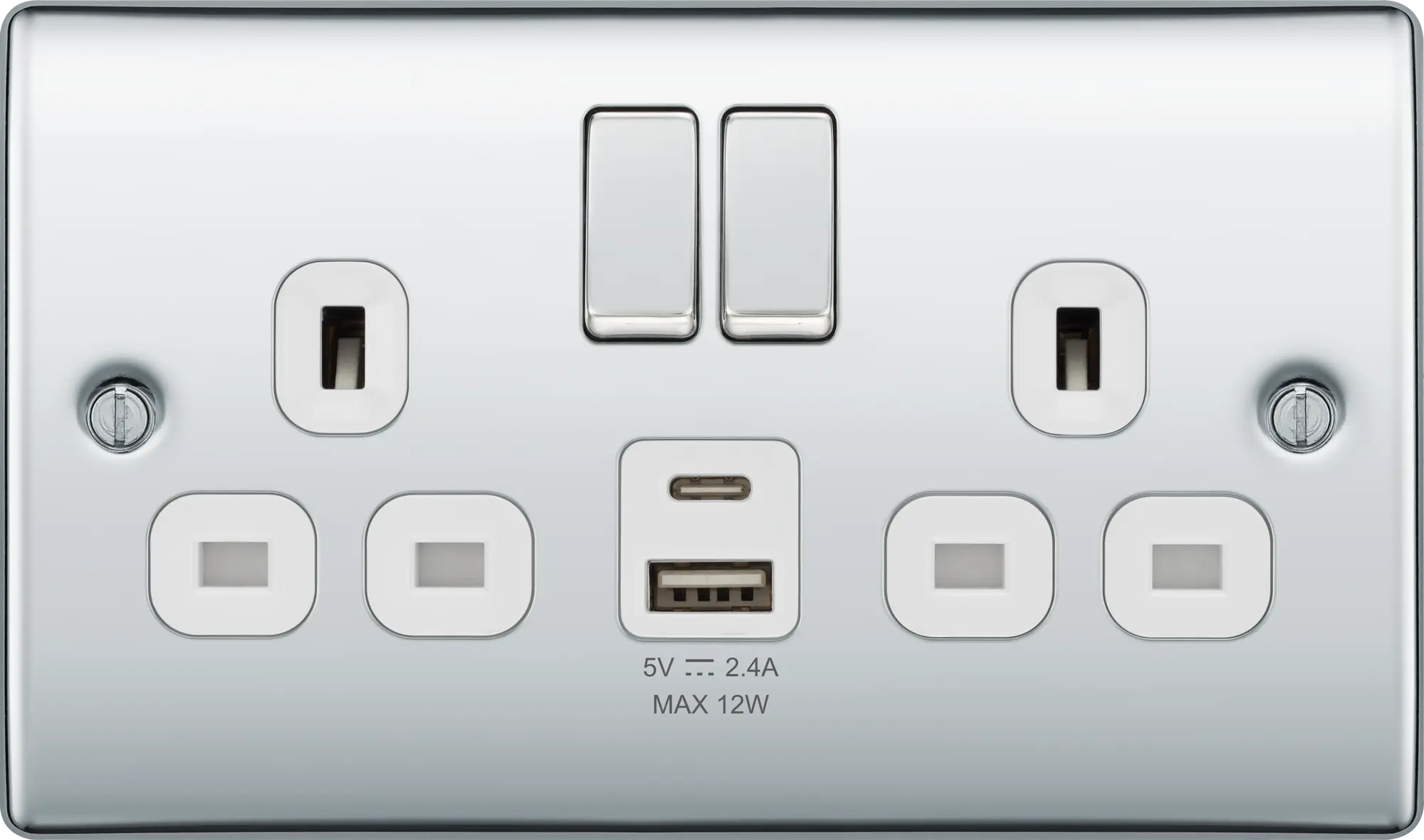 BG Nexus Metal USB USBC 12W Double Socket in Polished Chrome with White Inserts NPC22UAC12W BG Nexus