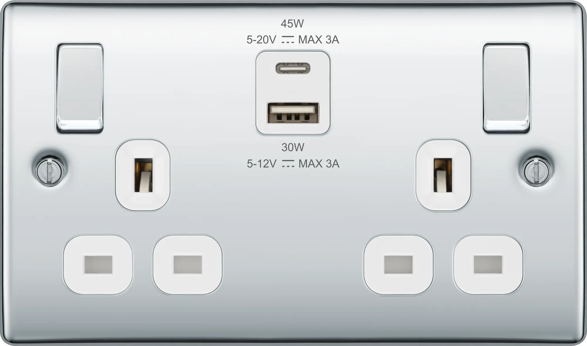 BG Nexus Metal USB USBC 45W Double Socket in Polished Chrome with White Inserts NPC22UAC45W BG Nexus