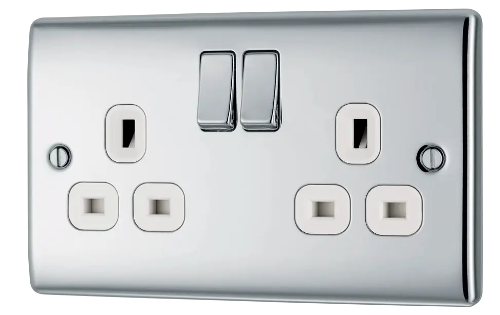 BG Nexus Metal Double Socket 13A Plug Polished Chrome With White Inserts - NPC22W BG (British General)