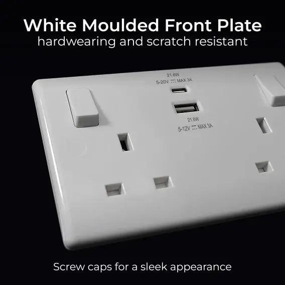 BG 13 Amp 2 Gang SP Switched Socket c/w USB A + C - 22W White BG (British General)