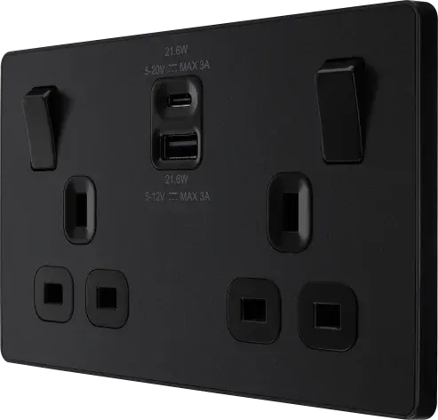 BG Evolve Matt Black PCDMB22UAC22B USB Double Socket 22W Type A & C USB BG Nexus