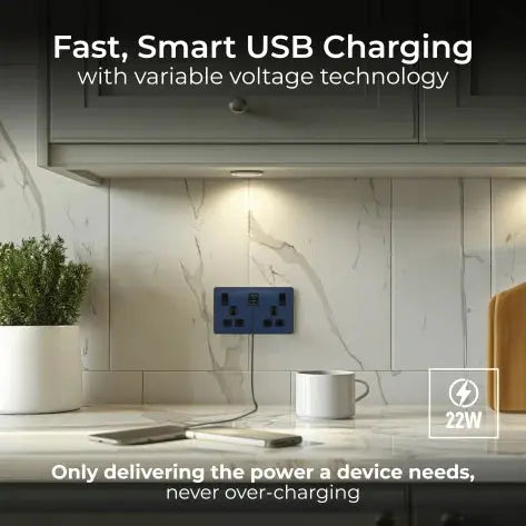 BG Evolve Matt Blue PCDDB22UAC22B USB Double Socket 22W Type A & C USB BG (British General)