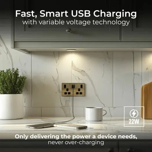 BG Evolve Satin Brass PCDSB22UAC22B USB Double Socket 22W Type A & C USB BG (British General)