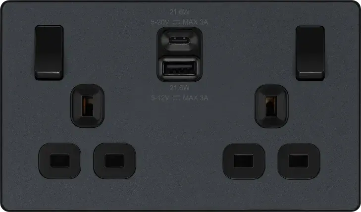 BG Evolve Matt Grey Screwless USB Double Socket Type A+C PCDMG22UAC22B BG (British General)