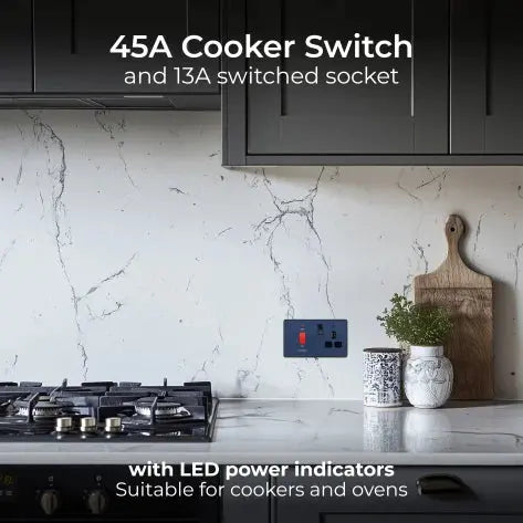 BG Evolve Matt Blue Screwless 45A DP Cooker Unit + Socket + Neon PCDDB70B BG (British General)