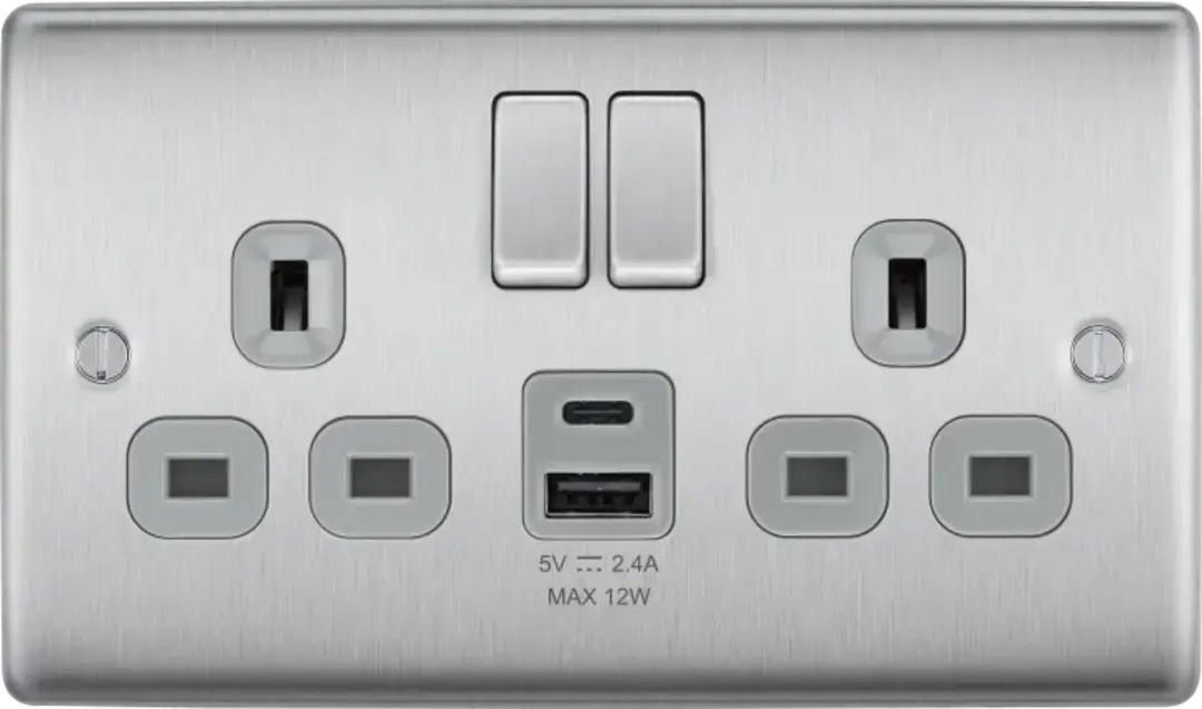 BG Nexus Brushed Steel Switches and Sockets with Grey Inserts – Full Range ACAS Electrical