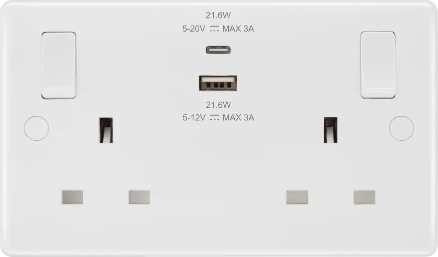 BG 13 Amp 2 Gang SP Switched Socket c/w USB A + C - 22W White BG (British General)