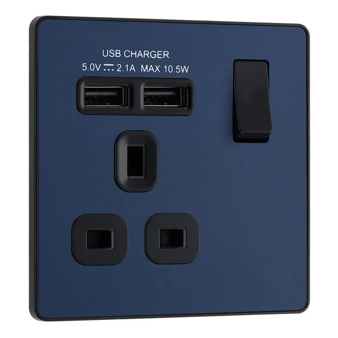 BG Evolve Matt Blue Screwless Single Socket with USB PCDDB21U2B BG (British General)
