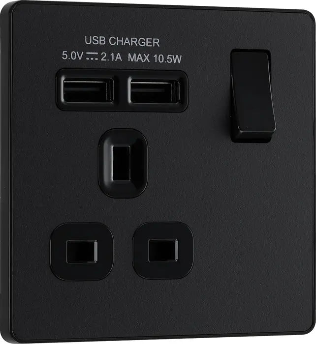 BG Evolve Matt Black Screwless Single Socket with USB PCDMB21U2B BG (British General)