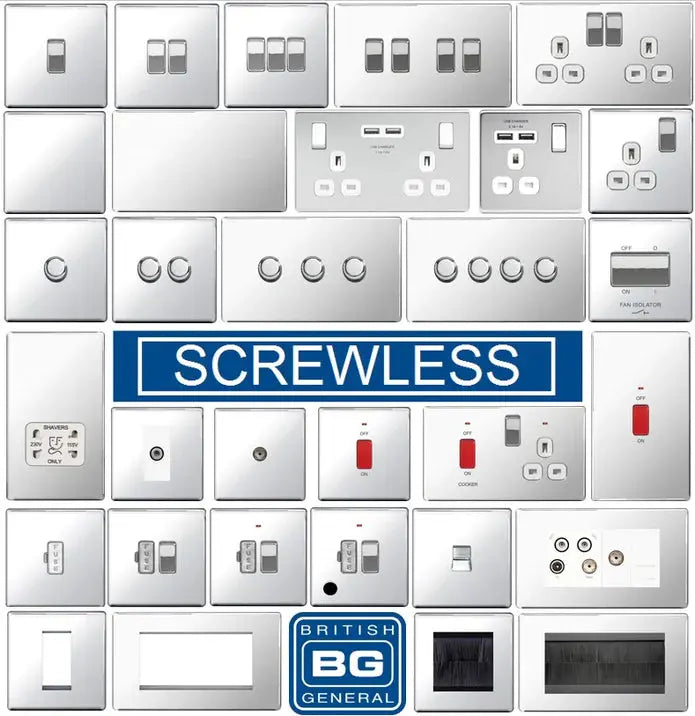 BG Nexus Screwless Flat Plate Polished Chrome Switches and Sockets White Inserts Full Range BG Nexus