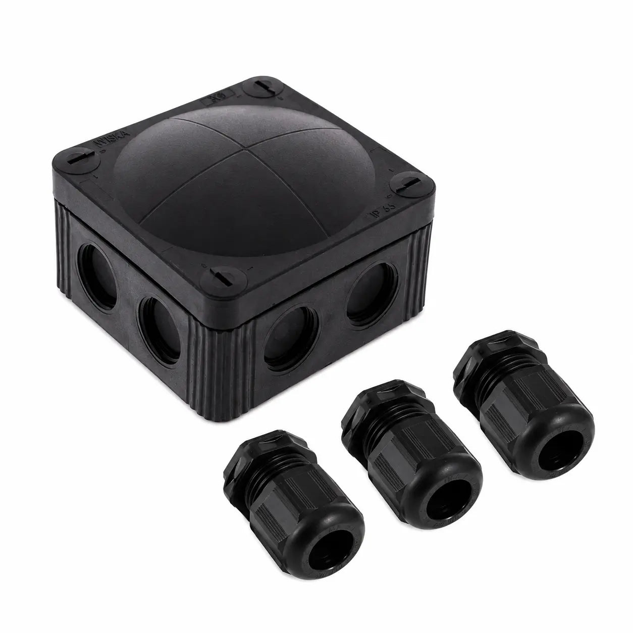 Wiska COMBI 308 Black Junction Box with 3× Trishot 20mm Gland & Locknut — Bundle