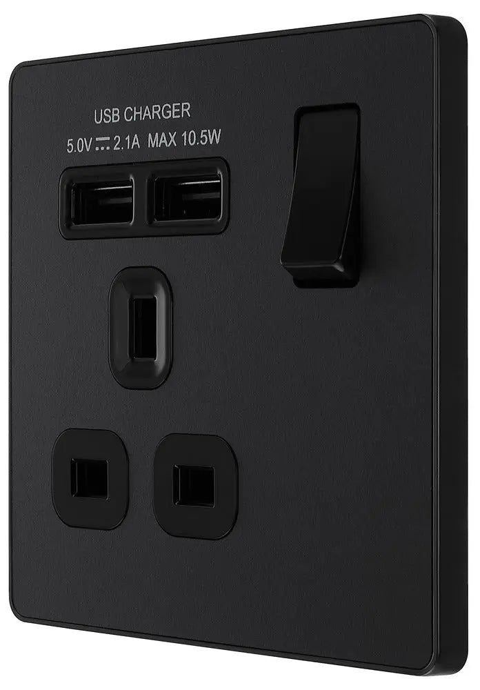 BG Evolve Matt Black Screwless Single Socket with USB PCDMB21U2B BG (British General)