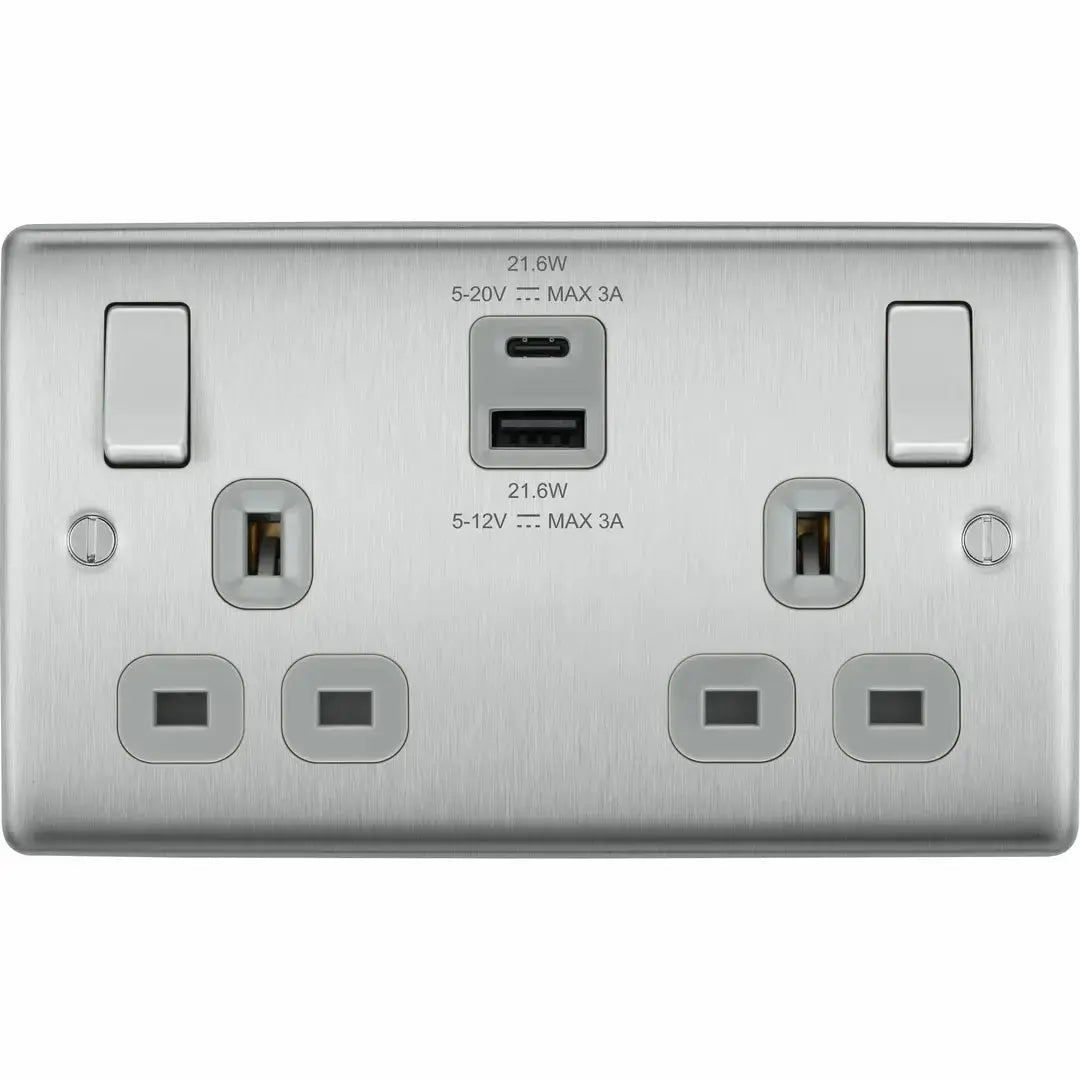 BG Nexus Brushed Steel Switches and Sockets with Grey Inserts – Full Range ACAS Electrical