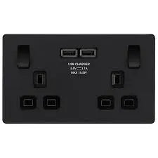BG Evolve Matt Black Screwless Double Socket with USB PCDMB22U3B BG (British General)