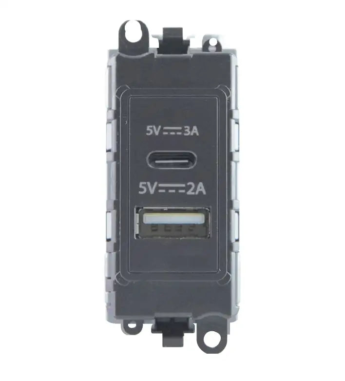 Click GridPro GRIDPRO DUAL USB CHARGING MODULE - 2.4A TYPE A & 3A TYPE C - GREY – GM2586GY Click Scolmore