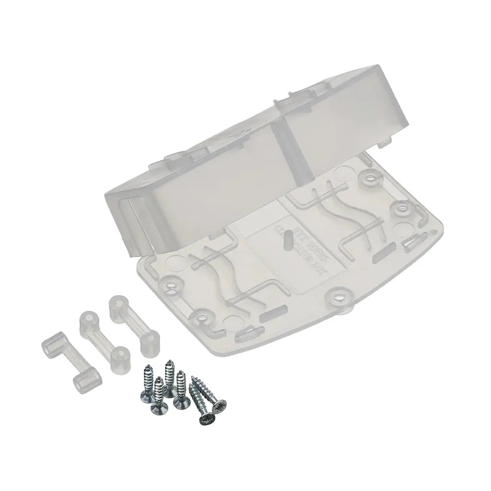 clear plastic electrical connector box with screws on a white background