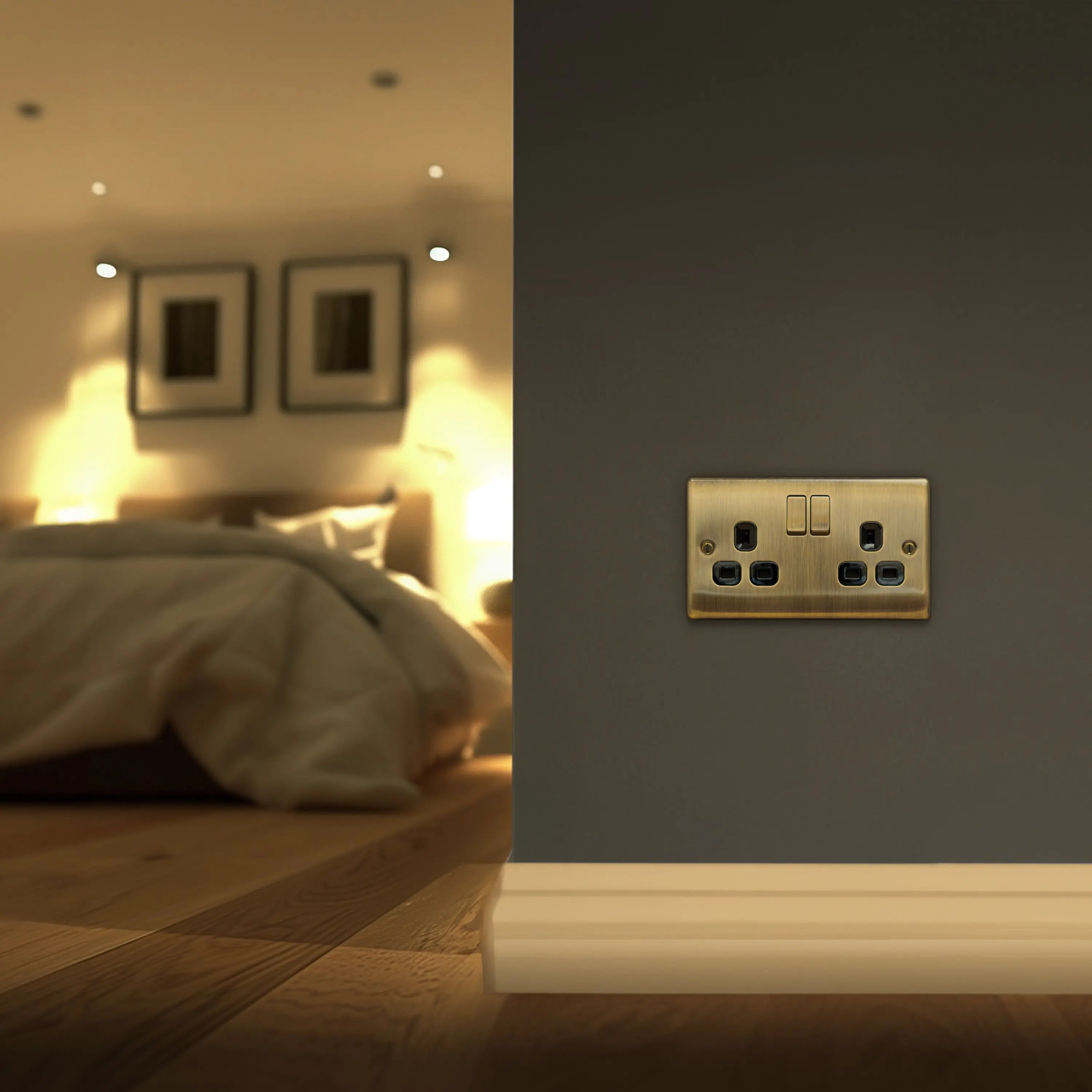 British General Nexus Metal 13A 2-Gang DP Switched Plug Sockets Antique Brass - 5 Pack BG Nexus