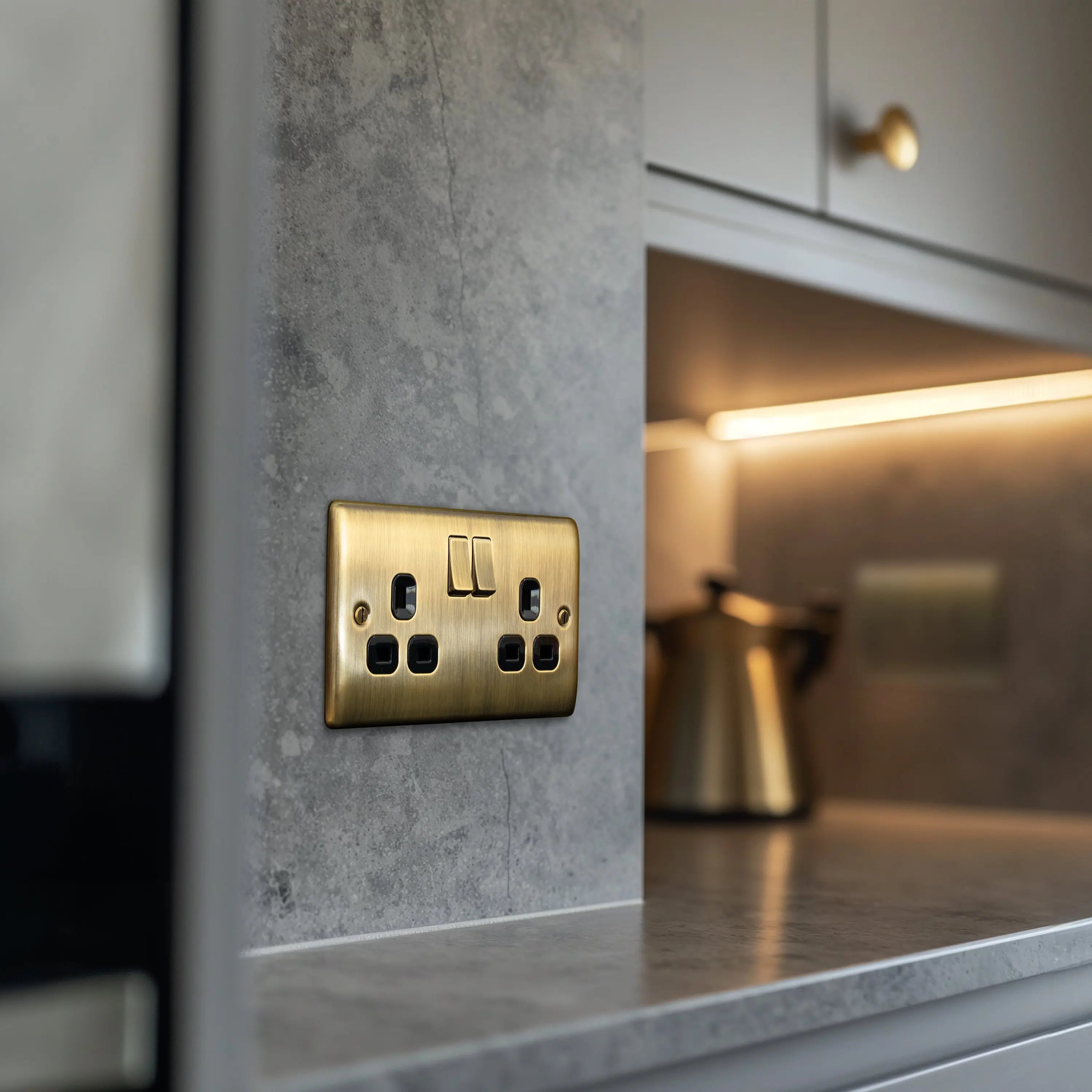 British General Nexus Metal 13A 2-Gang DP Switched Plug Sockets Antique Brass - 5 Pack BG Nexus