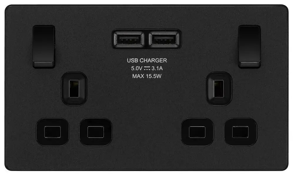 BG Evolve Matt Black Screwless Double Socket with USB PCDMB22U3B BG (British General)