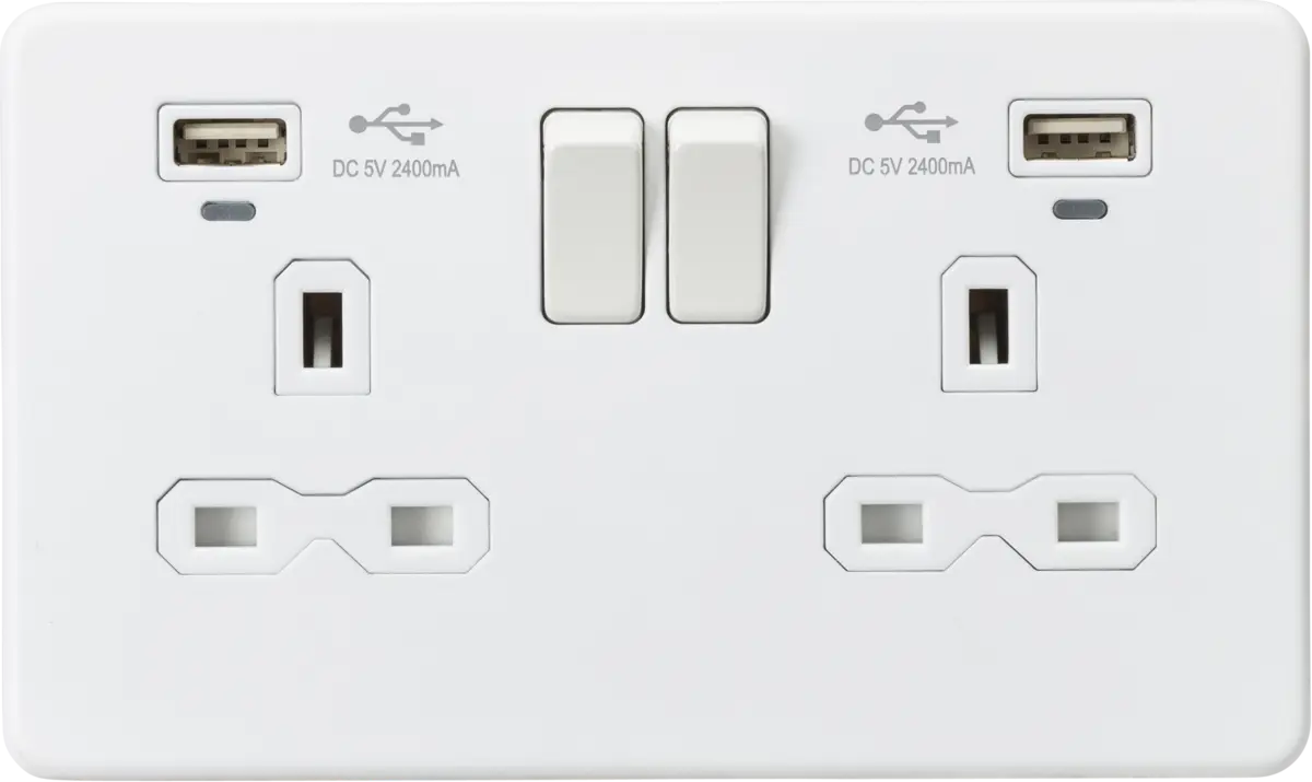 ML Knightsbridge Screwless 13A 2 Gang Switched Socket Dual USB (2.4A) with LED Charge Indicators - Matt White ML Knightsbridge