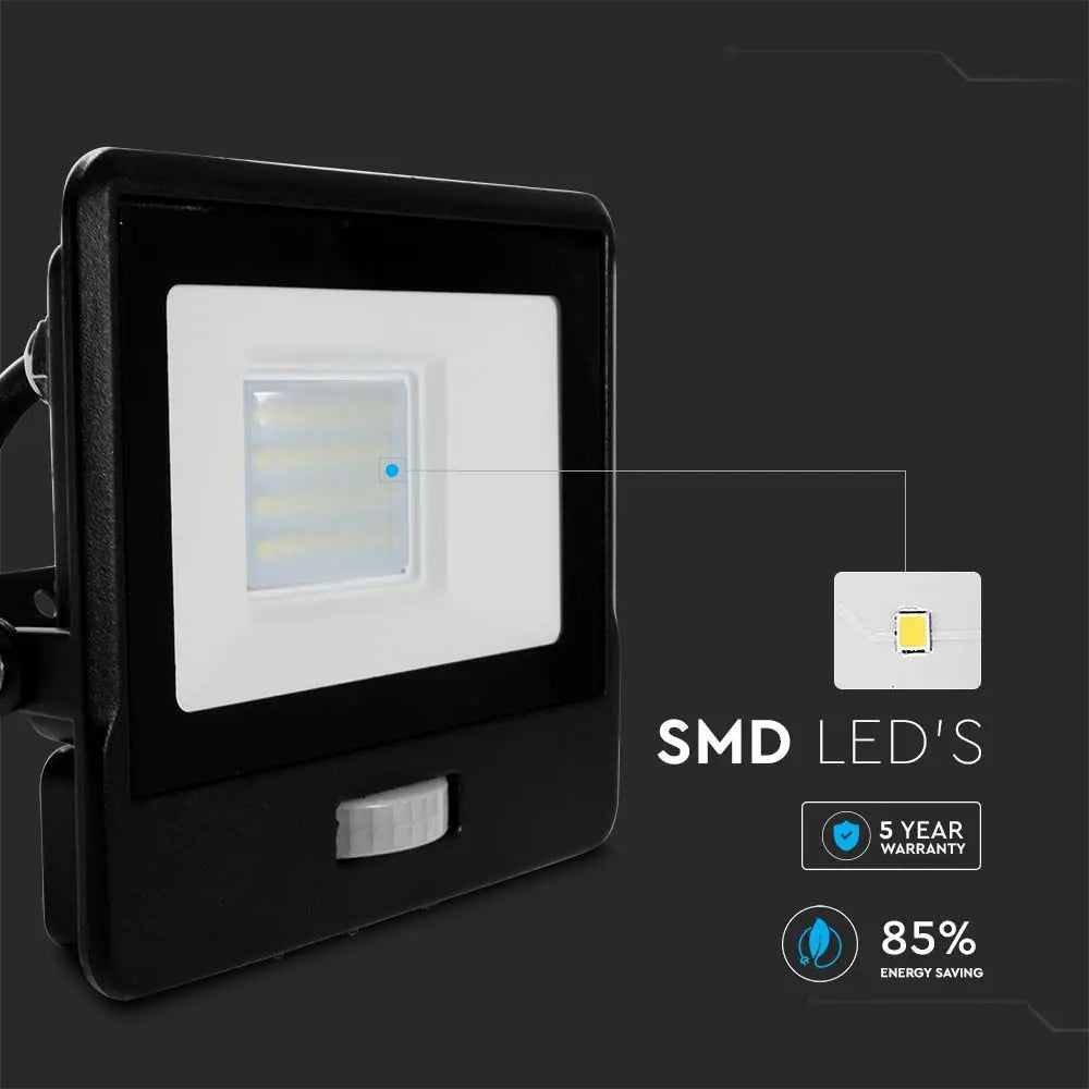 V-Tac 20W LED Floodlight Daylight PIR Samsung Chip 6500K- Black V-TAC