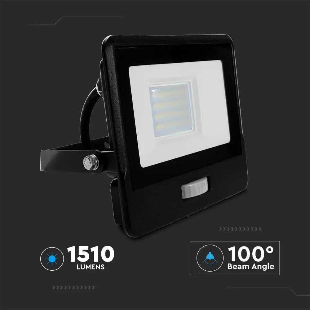V-Tac 20W LED Floodlight Daylight PIR Samsung Chip 6500K- Black V-TAC