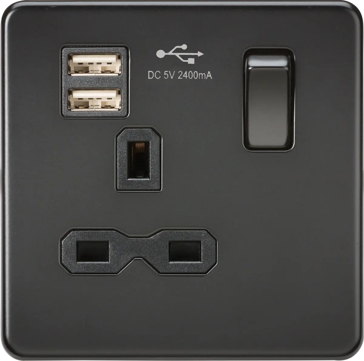 ML Knightsbridge Screwless Single Socket with Dual USB charger (2.4A) 13A 1 Gang Switched - Matt Black ML Knightsbridge