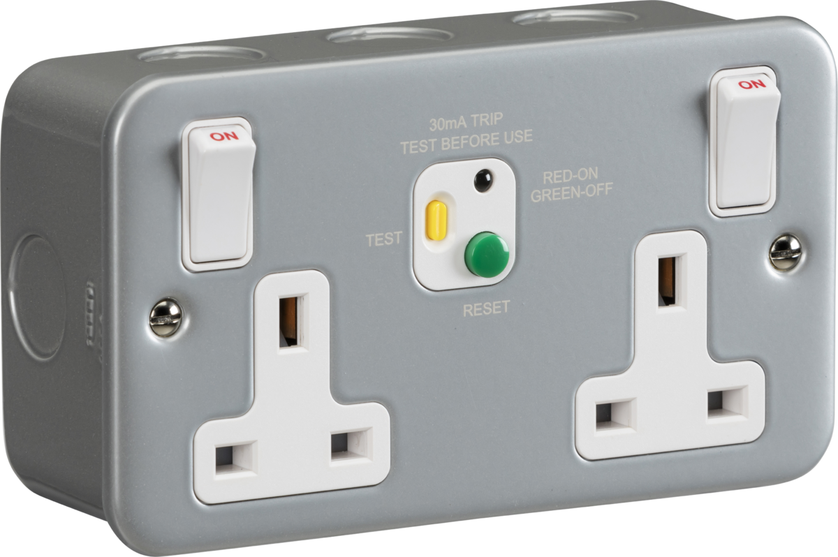 Metal Clad 13A 2 Gang Double Pole RCD Switched Socket - 30mA (Type A)