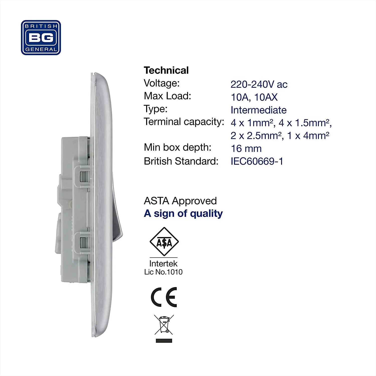 BG Nexus Metal Intermediate Switch in Brushed Steel - NBS13-01 BG (British General)