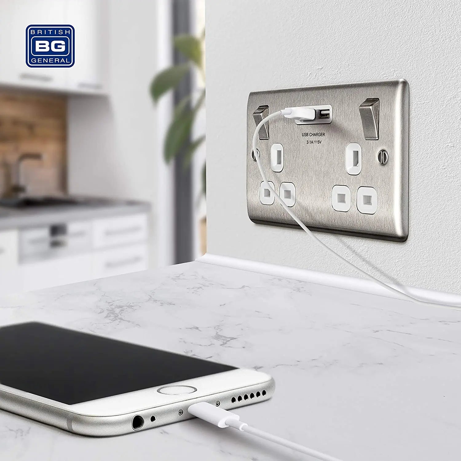 BG Nexus Metal USB Double Socket in Brushed Steel with White Inserts - NBS22U3W-01 BG (British General)