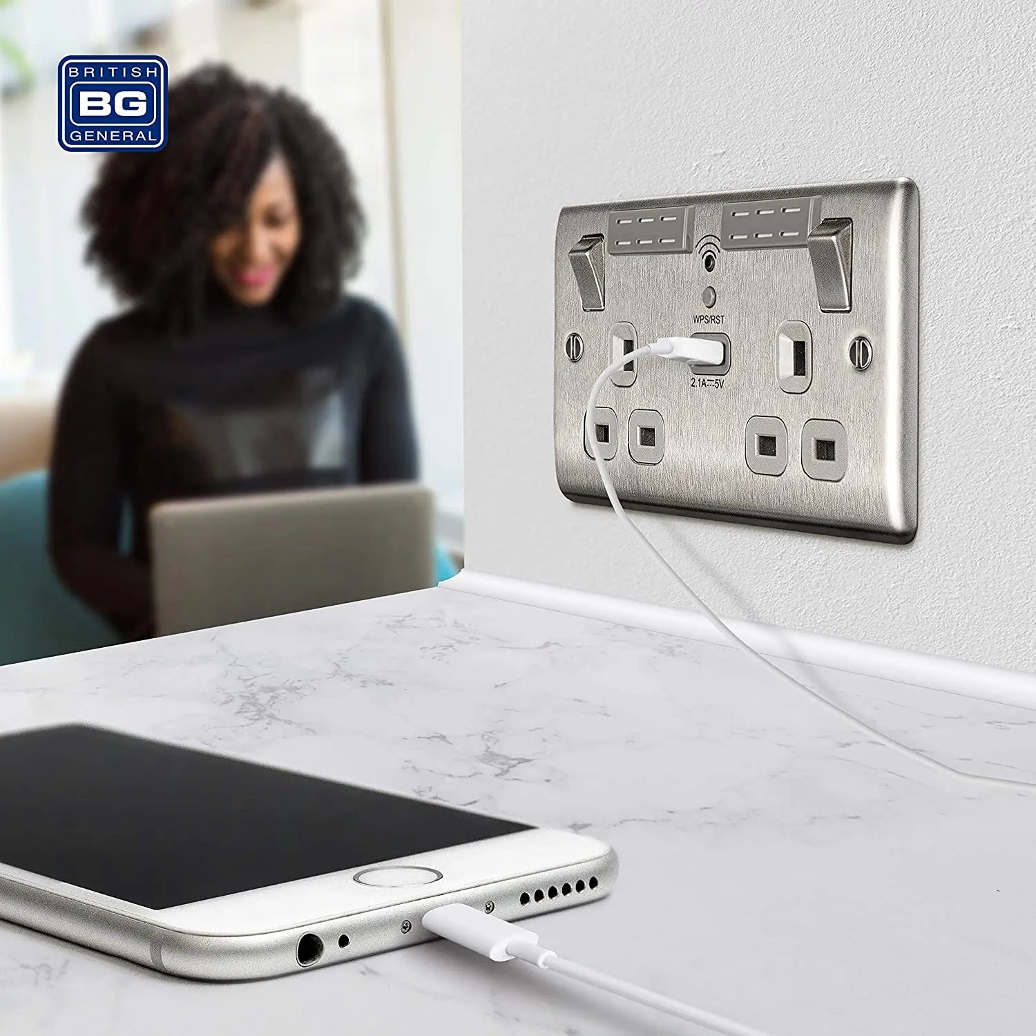 BG USB Wifi Double Socket in Brushed Steel with Grey Insert - NBS22UWRG−01 BG (British General)
