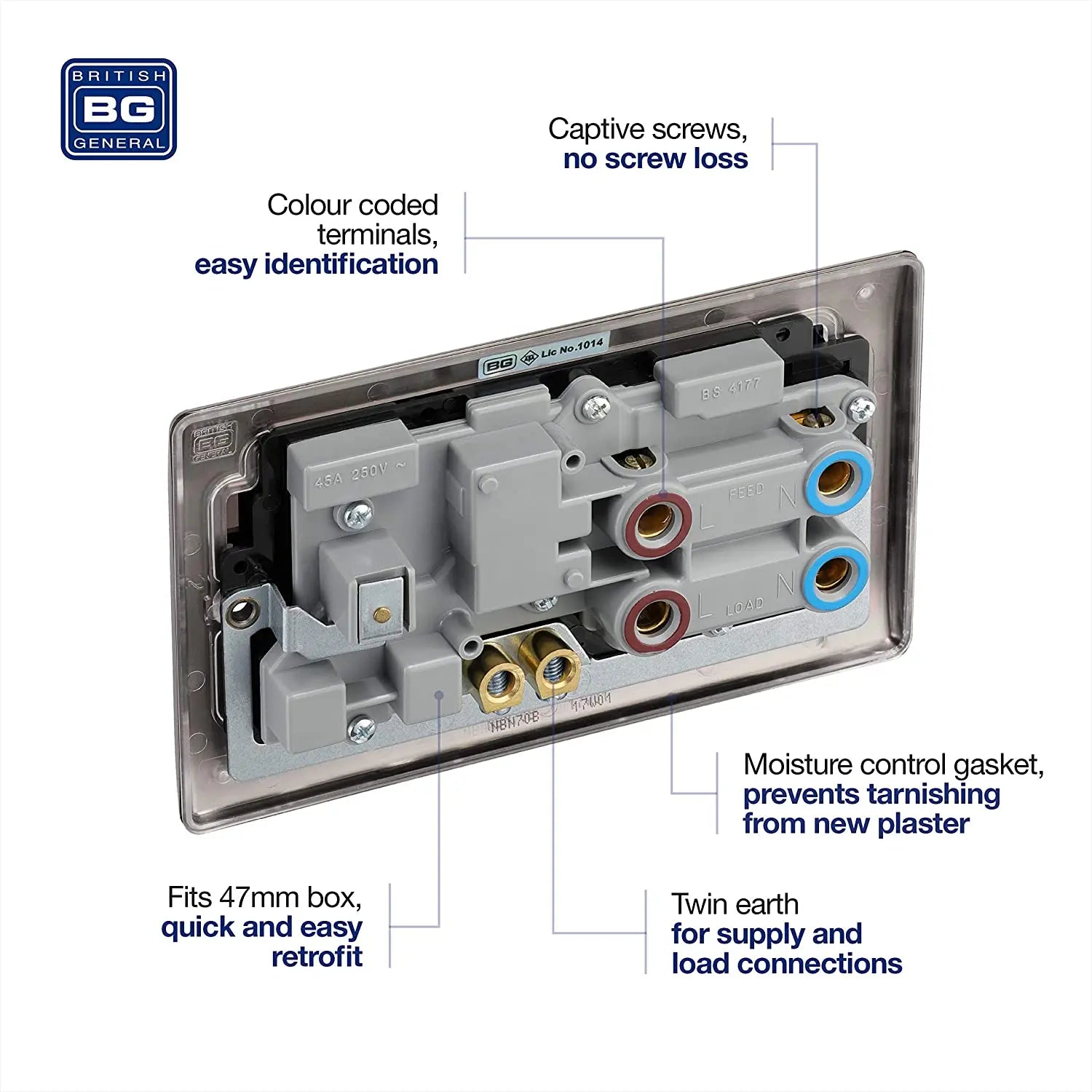BG Nexus Metal 45 Amp DP Cooker Switch with Socket & Neon in Black Nickel with Black Inserts - NBN70B-01 BG (British General)