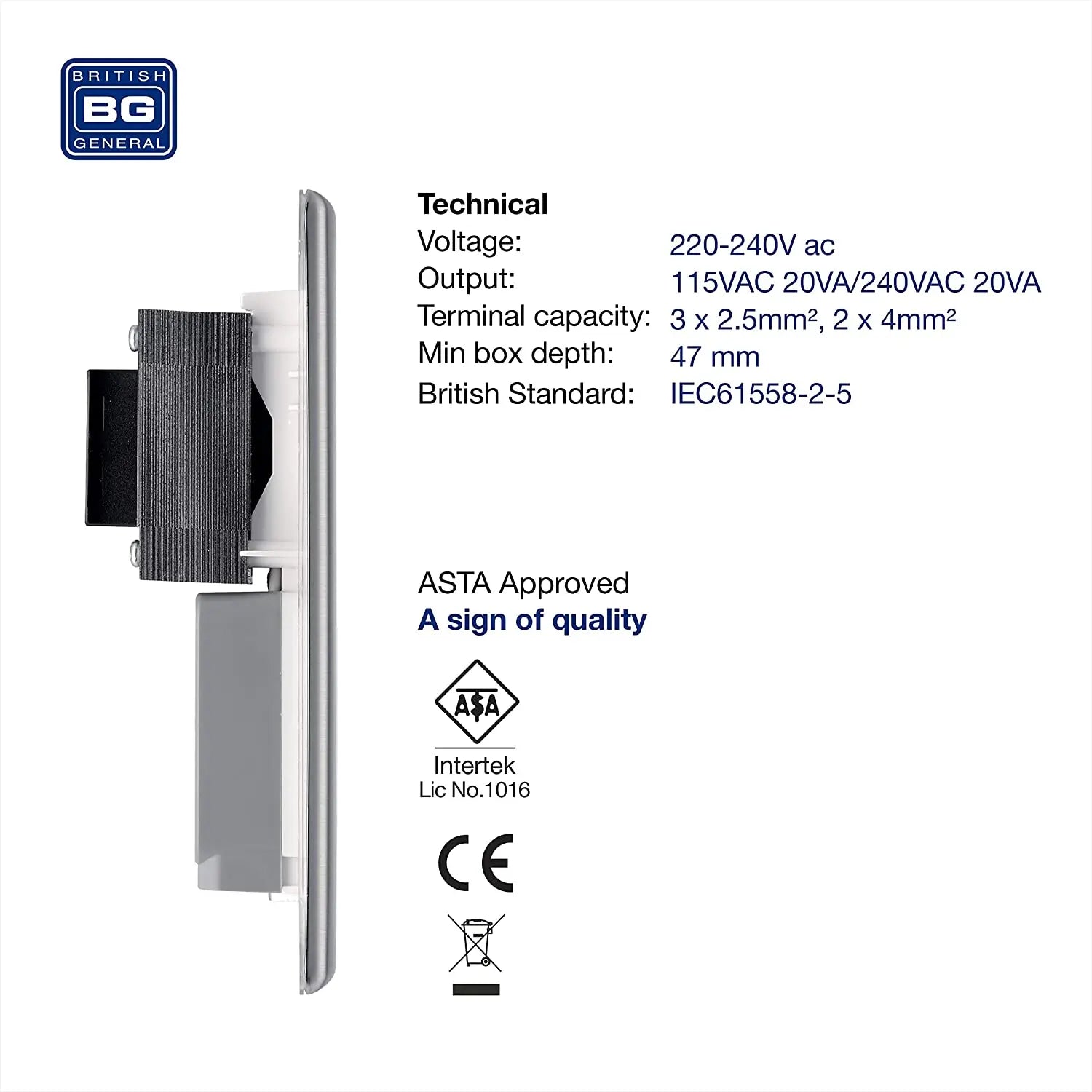 BG Nexus Metal Dual Voltage Shaver Socket in Brushed Steel with White Inserts - NBS20W-01 BG (British General)