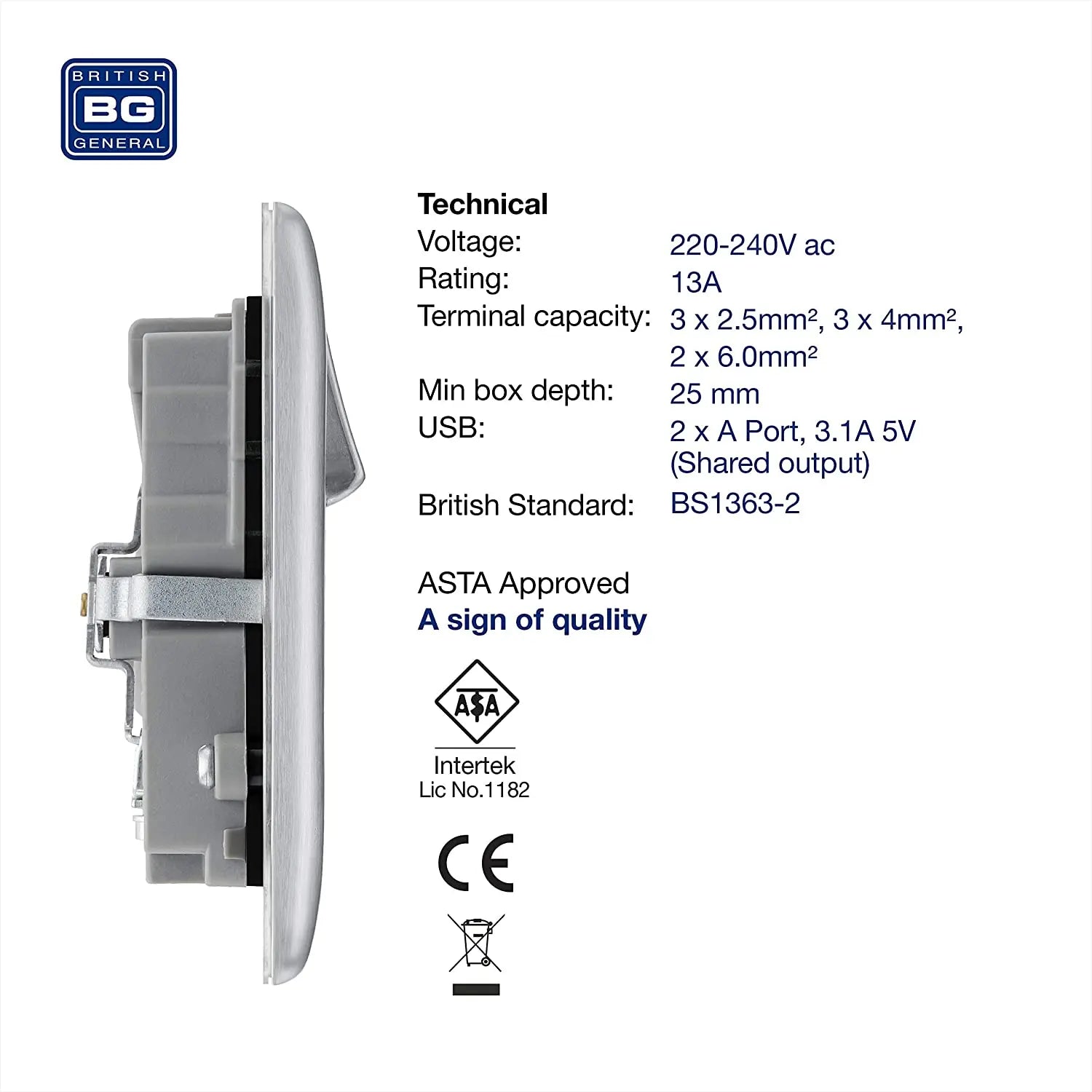 BG Nexus Metal USB Double Socket in Brushed Steel with Black Inserts - NBS22U3B-01 BG (British General)