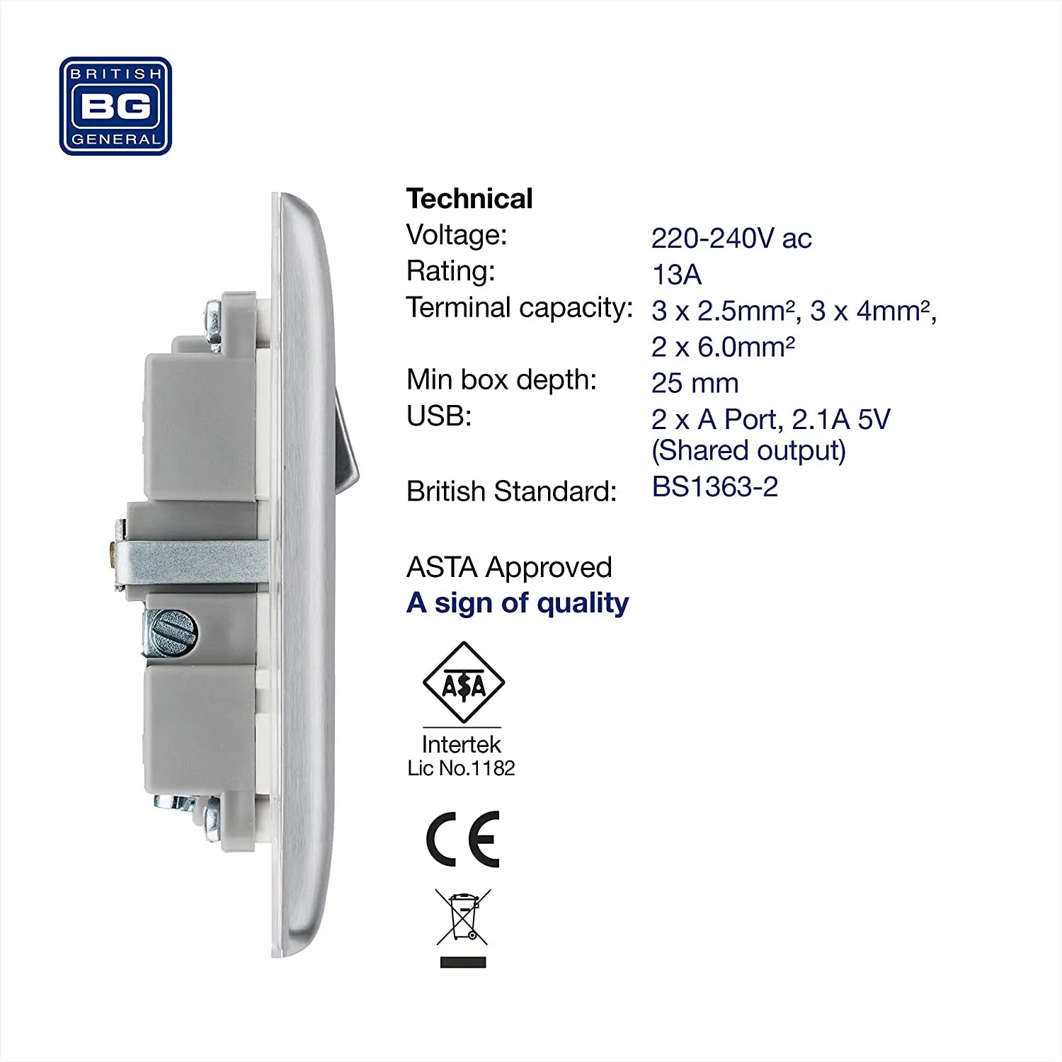 BG Nexus Metal USB Single Socket in Brushed Steel with White Inserts - NBS21U2W-01 BG (British General)