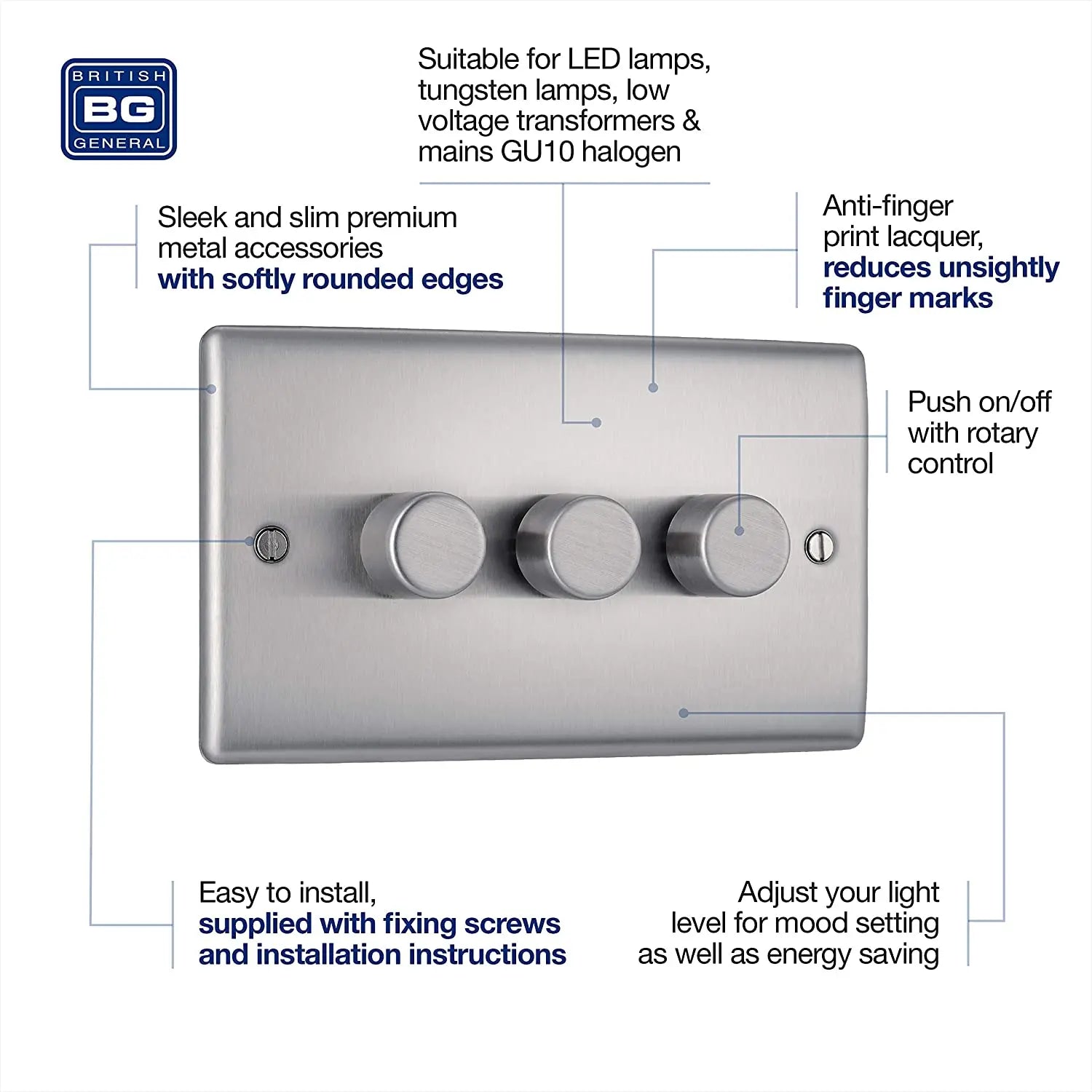 BG Nexus Metal 3 Gang Dimmer Switch in Brushed Steel - NBS83-01 BG (British General)