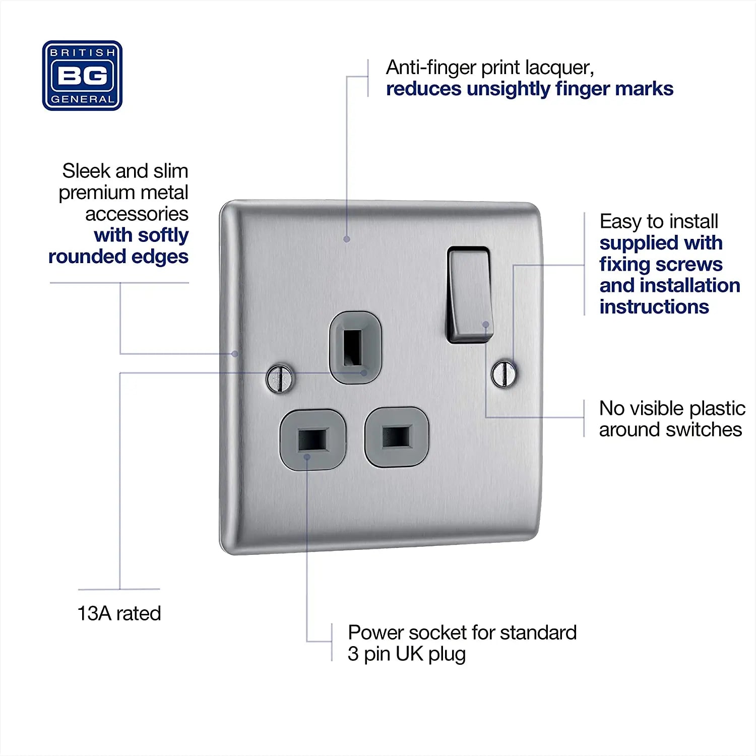 BG Nexus Metal Single Socket in Brushed Steel with Grey Inserts - NBS21G-01 BG (British General)