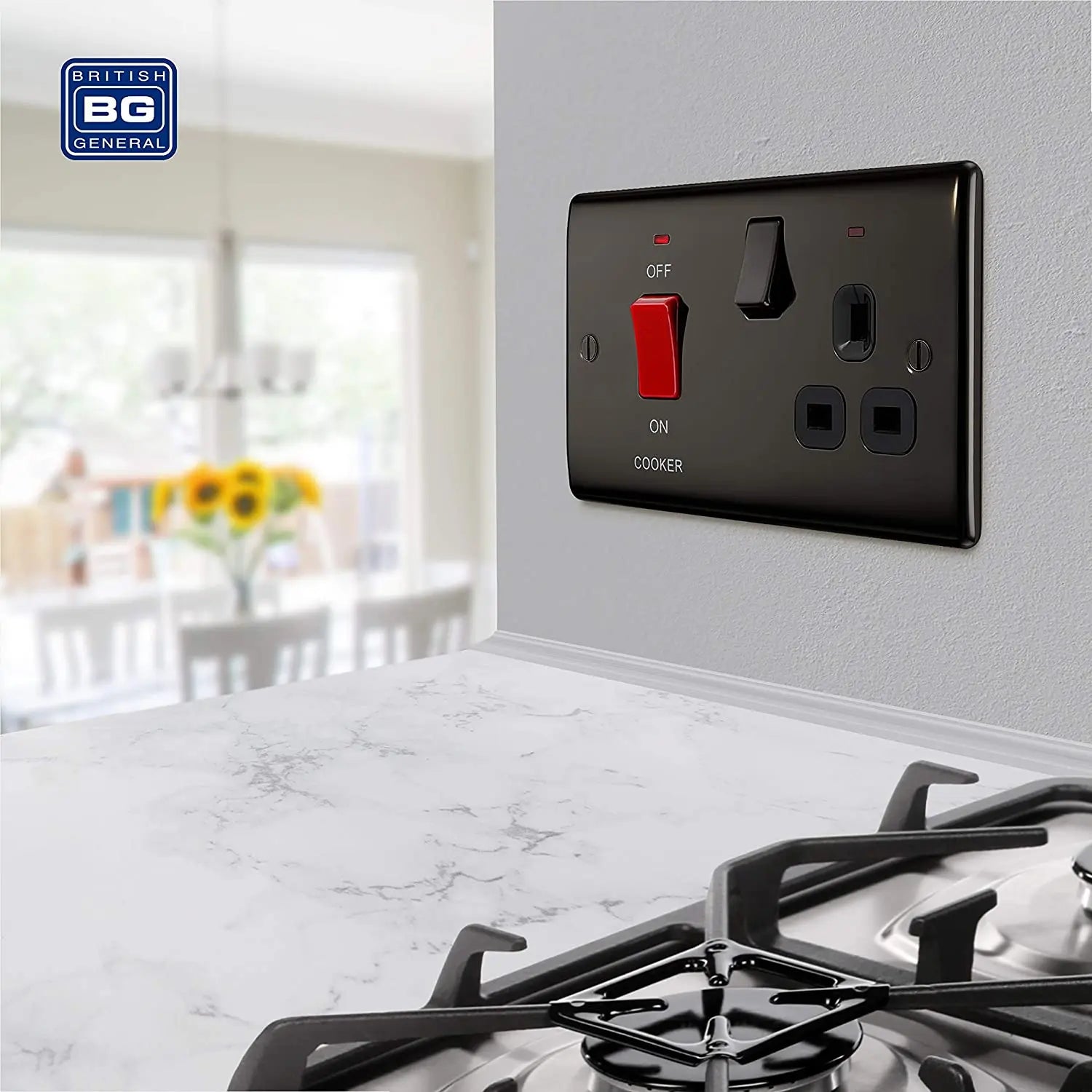 BG Nexus Metal 45 Amp DP Cooker Switch with Socket & Neon in Black Nickel with Black Inserts - NBN70B-01 BG (British General)