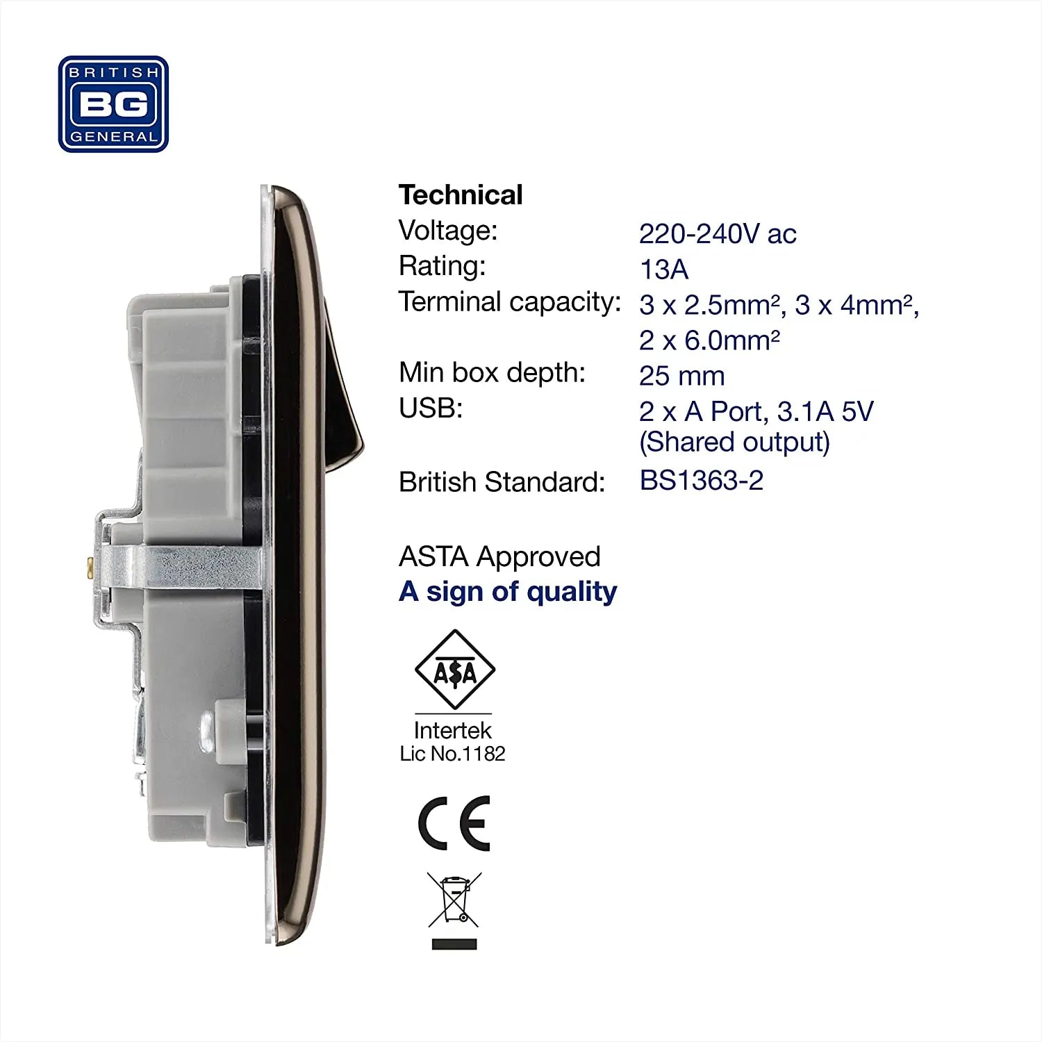BG Electrical Nexus Metal USB Double Switched Socket Fast Charging Power with Two USB Charging Ports in Black Nickel with Black Inserts - NBN22U3B BG (British General)