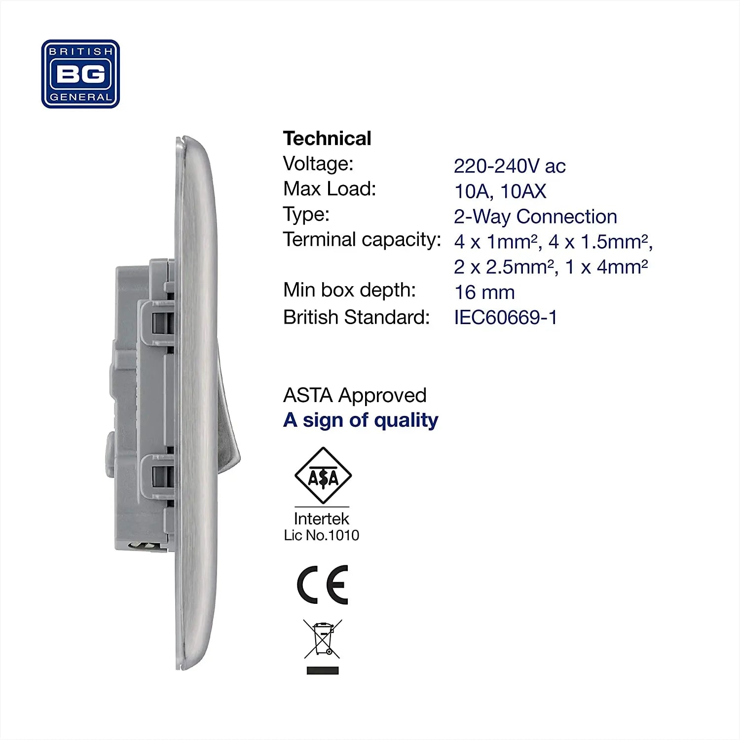 BG Nexus Metal 1 Gang Light Switch in Brushed Steel - NBS12-01 BG (British General)