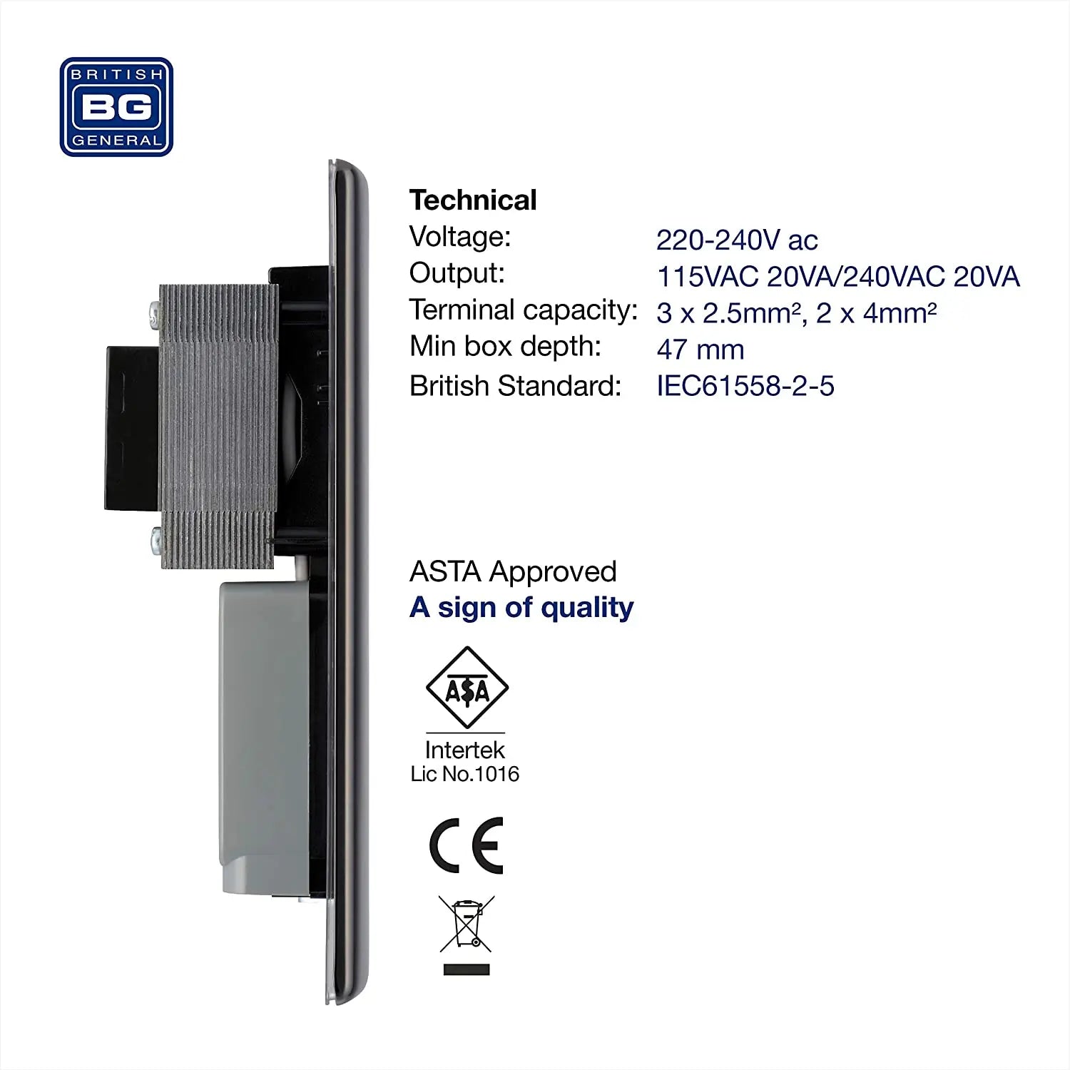 BG Nexus Metal Dual Voltage Shaver Socket in Black Nickel with Black Inserts - NBN20B-01 BG (British General)