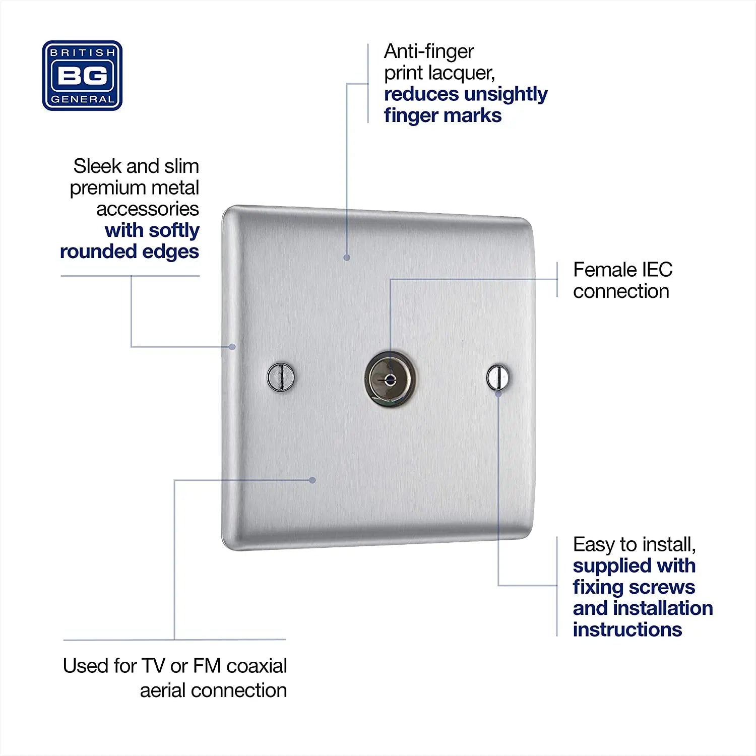 BG Nexus Metal TV Coax Point in Brushed Steel - NBS60-01 BG (British General)