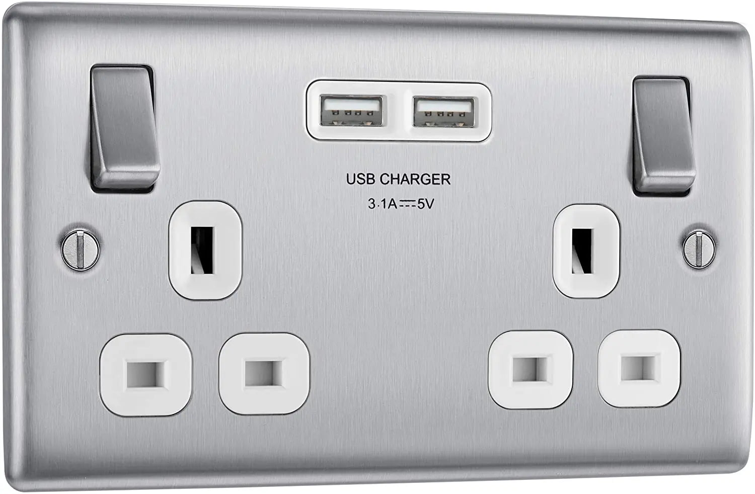 BG Nexus Metal USB Double Socket in Brushed Steel with White Inserts - NBS22U3W-01 BG (British General)