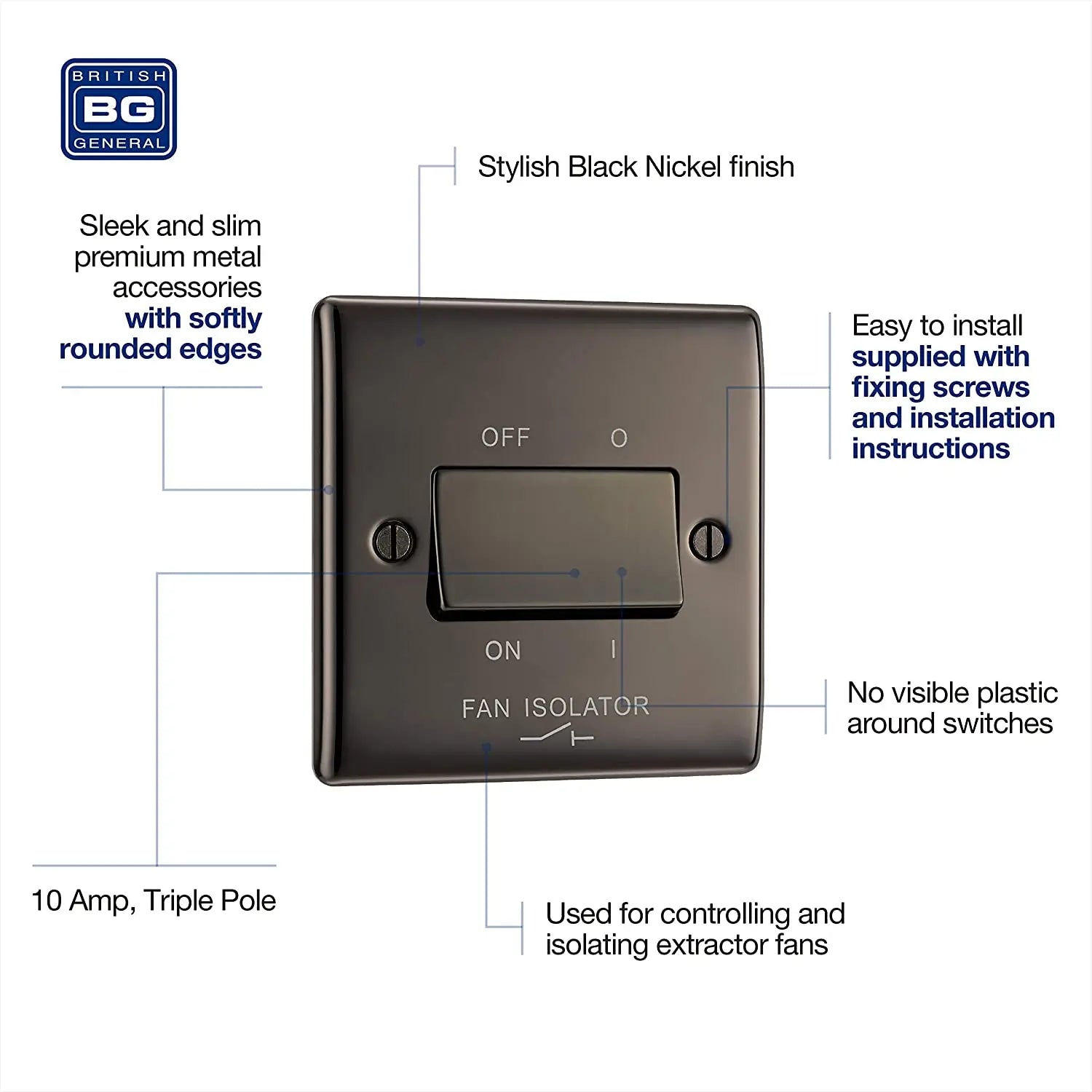 BG Nexus Metal Fan Isolator Switch in Black Nickel - NBN15-01 BG (British General)