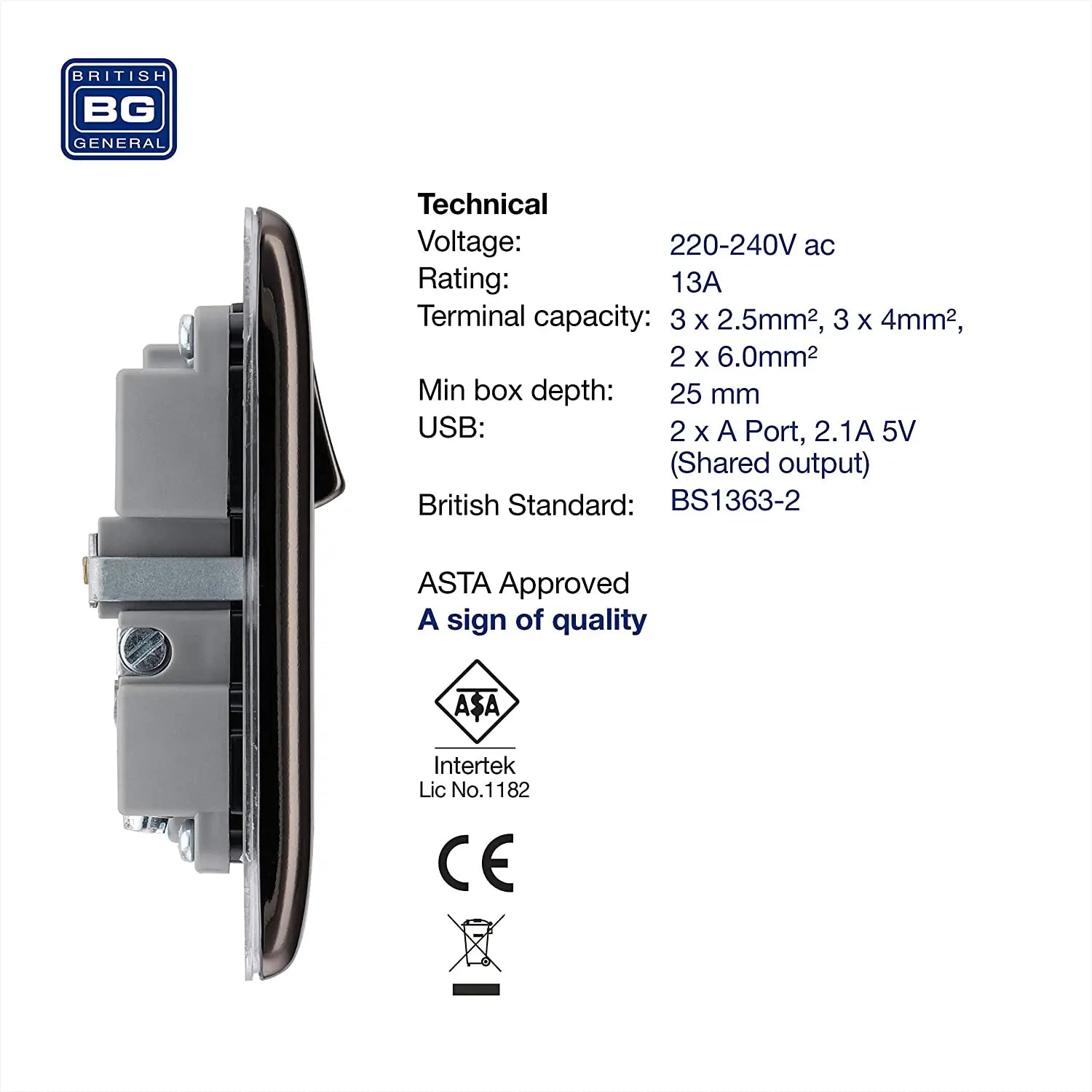 BG Nexus Metal USB Single Socket in Black Nickel with Black Inserts - NBN21U2B-01 BG (British General)