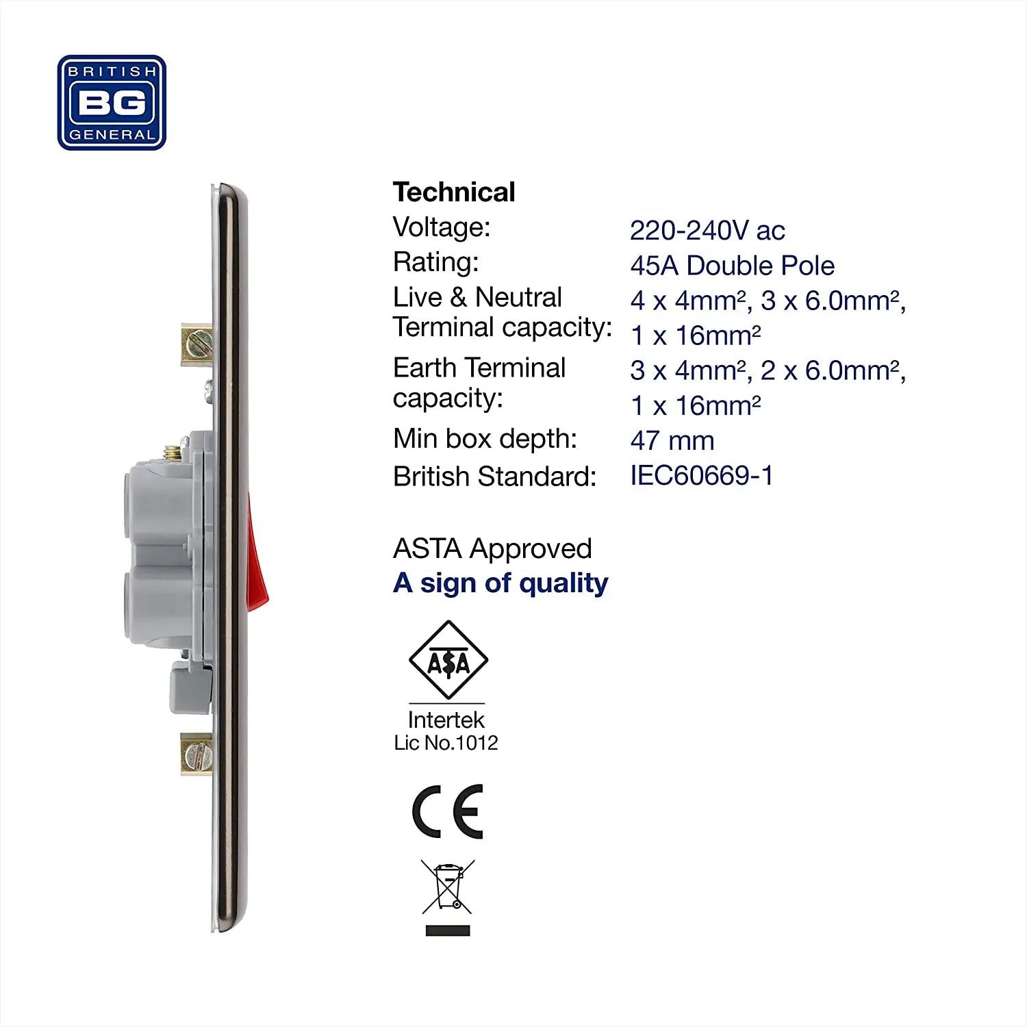 BG Nexus Metal 45 Amp Vertical DP Switch with Neon in Black Nickel - NBN72-01 BG (British General)