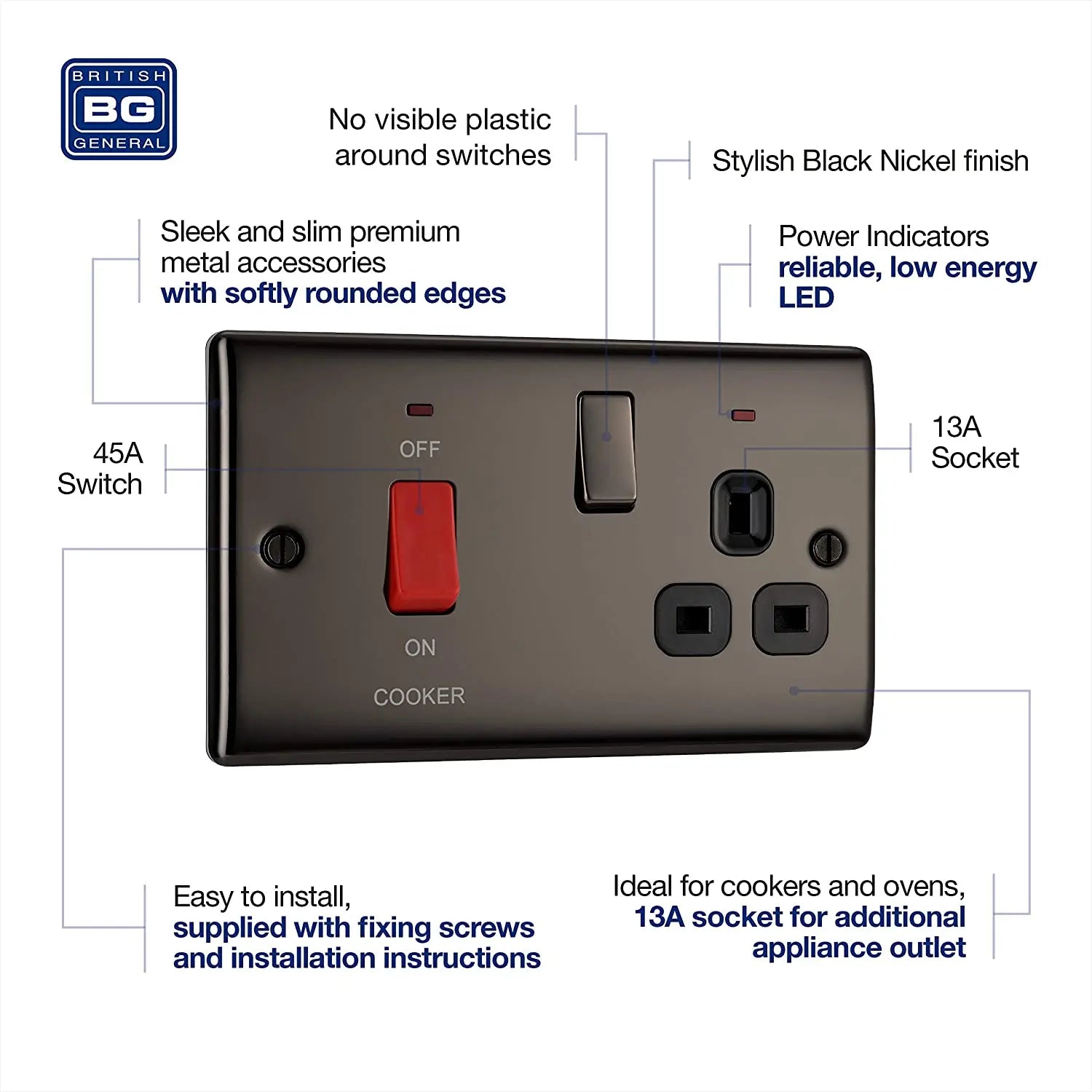 BG Nexus Metal 45 Amp DP Cooker Switch with Socket & Neon in Black Nickel with Black Inserts - NBN70B-01 BG (British General)