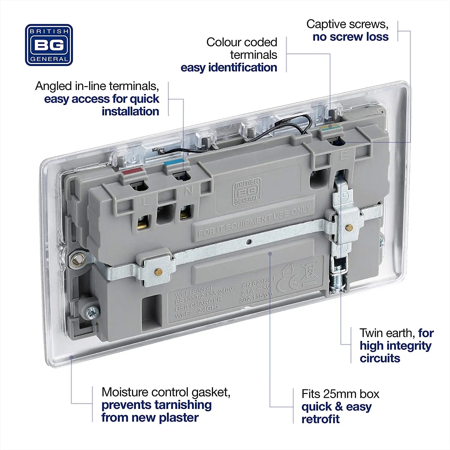 BG USB Wifi Double Socket in Brushed Steel with Grey Insert - NBS22UWRG−01 BG (British General)