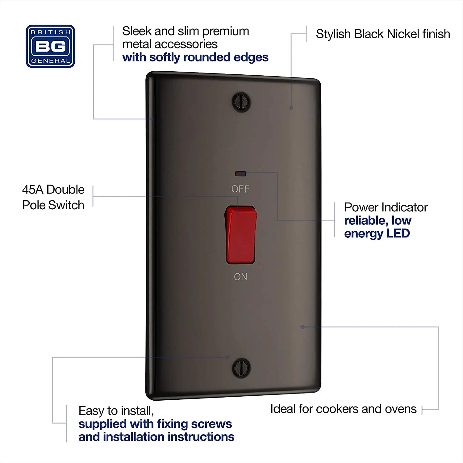 BG Nexus Metal 45 Amp Vertical DP Switch with Neon in Black Nickel - NBN72-01 BG (British General)