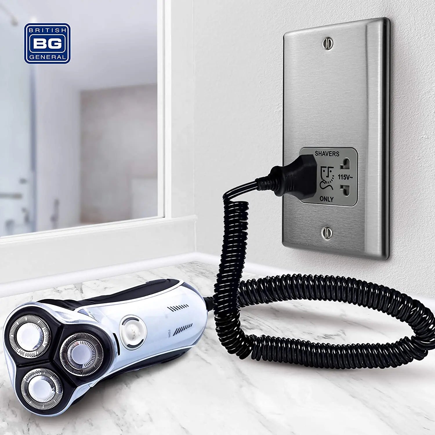 BG Nexus Metal Dual Voltage Shaver Socket in Brushed Steel with Grey Inserts - NBS20G-01 BG (British General)